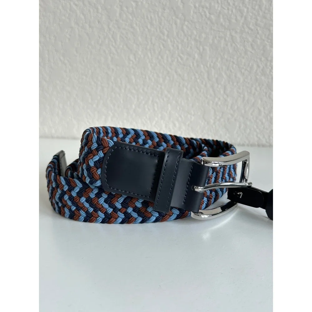 Charles Tyrwhitt Mens Braided Stretch Belt Navy Blue Brown Woven Size 32 81